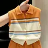 Estilo Coreano Niñas 2026 Verano Nuevo Color Bloque Rayas Cuello Polo Chaleco Delgado de Punto Pantalones Cortos Casuales para Niña