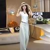 Moda Elegante Celebridad de Internet Calle Casual Traje de Dos Piezas para Mujer Verano Nuevo Blanco Cintura Ajustada Top Jeans de Pierna Ancha