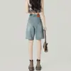 Shorts Jeans Feminino Azul Nostálgico de Cintura Alta, Novo Estilo Verão 2026, Solto, Casual, Moderno, Adequado para Uso ao Ar Livre, Comprimento 5/4