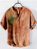 Nueva Camisa Hawaiana para Hombre Paisaje con Tinta Estampado de Sol Transfronteriza Europea y Americana Camisa de Lino de Bambú de Manga Corta con Cuello en V