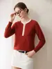 Suéter de Cachemira de Lujo Ligero con Cuello Semiabierto para Mujer, Cuello Redondo, Bloque de Color, Falso Dos Piezas, Abotonado, Tejido, Rejuvenecedor, Cálido, Suéter, Capa Base