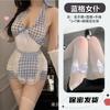 Lingerie Sexy, Decote Profundo em V Sexy, Costas Bonitas, Saia de Quadril Xadrez Azul, Uniforme de Empregada, Body Transparente com Amarração no Pescoço