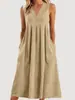 Ropa de Mujer Nueva Transfronteriza Europea y Americana Primavera y Verano Casual Holgada Moda Retro Algodón y Lino Sin Mangas Cuello en V Vestido con Bolsillo