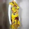294040 Nuevo vestido cheongsam mejorado de estilo chino con cuello alto, cierre de botones, espalda abierta, estampado floral y de pájaros, volantes irregulares