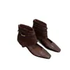 Versão em couro~Botas curtas marrons quadradas vintage para mulheres, novo estilo versátil com aumento interno de altura, design vazado, botas de corte justo