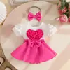 Comércio Exterior Doce Menina Estéreo Coração Manga Bufante Vestido com Fechamento Inferior Manga Curta Verão Laço Macacão