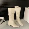 Botas de montar largas blancas de tacón alto para mujer, botas de media pantorrilla ajustadas color caqui para otoño e invierno 2026