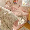 Juego de Cama de Cuatro Piezas Más Vendido Gasa de Doble Capa Algodón Lavado Dormitorio Habitación Pequeño Fresco Floral Sábana Juego de Cama de Tres Piezas