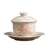 Gaiwan de cerámica pintado a mano con flor de cerezo, cuenco de té de tres piezas, juego de té Kung Fu, cuenco de té de porcelana blanca para uso doméstico con bandeja