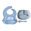 Conjunto de louça infantil prato com compartimento babador de silicone prato resistente a quedas anti-sujo conjunto de louça para bebê garfo colher de silicone em estoque