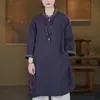 Top de vestido de té estilo chino, nueva colección de verano, inspiración étnica, manga tres cuartos, mezcla de algodón y lino bordado, longitud media, con botones decorativos, inspiración Zen, estilo pull-over