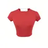 T-shirt Sexy Quente com Costas Cruzadas, Decote Redondo Vazado, Manga Curta Feminina, Top Cropped Curto de Cintura Alta Elástico Emagrecedor