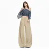 Pantalones vaqueros largos de pierna ancha, holgados, bordados, estilo americano retro, color caqui, para mujer, casual, de pierna recta, para otoño e invierno