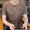 Camiseta Jacquard de Seda Gelada Masculina Manga Curta Verão Novo Estilo Gola Redonda Manga Meia Manga Casual Fina Esportiva Respirável Versátil para Homens