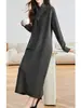 Vestido Jersey Bufanda de Botones con Cuello en V Estilo Francés, Nuevo Otoño e Invierno Holgado Talla Grande Largo de Punto Básico Transfronterizo