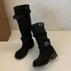 Botas western de cowboy com salto grosso e fivela de cinto, novas botas de montaria de cano alto para mulheres, verão 2026