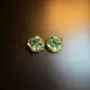 Pendientes de Botón de Flor de Esmalte Azul Hoja Azul Vintage Pendientes Joyería
