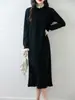 Vestido de Lã 100% Pura com Gola de Renda de Alta Qualidade para Mulheres, Suéter Base Soltinho para Outono e Inverno, Vestido Longo de Tricô de Caxemira