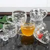 Conjunto de xícaras de café de vidro transparente resistente ao calor estilo europeu DM alto branco para uso doméstico, xícara de leite, xícara de chá com flores, conjunto de seis peças