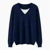 Suéter Base de Punto Otoño/Invierno Estilo Old Money Cuello en V Falso Dos Piezas para Mujer Hilo 100% Algodón Puro Botón Color de Contraste Sentido del Diseño