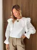 Blusa Longa Branca de Poliéster-Algodão com Manga Bufante, Cadarço e Recortes, Estilo Delicado para Mulheres, Design Transfronteiriço Europeu e Americano, Blusa para o Dia a Dia