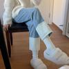 Azul claro Jeans Rectos con Forro Polar para Mujer 2023 Otoño e Invierno Nuevos Costuras Cintura Alta Adelgazantes Pequeños Pantalones Tubo Humo Nueve Puntos