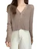 Cárdigan de punto calado suave estilo coreano para mujer, exterior fino de verano, corto, versátil, con cuello en V y tiras