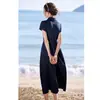Vestido Casual de Verano 2026 con Cuello Polo, Patchwork, Cintura Ajustable, Corte Relajado y Mangas Cortas para Mujer