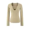Camiseta Sexy de Manga Larga con Cuello en V Profundo para Mujer, Diseño de Huecos de Moda, Camiseta Básica Elegante, Top Ajustado de Color Sólido