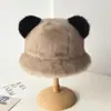Sombrero de Cuenca con Orejas de Oso de Color Contrastante para Mujer en Otoño e Invierno, Imitación de Piel de Visón Suave y Ceroso, Engrosado y Cálido, Sombrero de Pescador que Favorece el Rostro