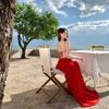 Vestido Suspensório Slimming Retro Estilo Francês com Costas Abertas e Amarração Cruzada na Cintura para Mulheres, Vestido Longo para Férias na Praia na Primavera e Verão
