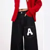 Jeans Retrô Americano Lavado High Street com Estampa de Letras Novo Nicho Versátil Design Cimitarra Jeans Reto