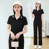 Novo Conjunto Casual Estilo Chinês para Mulheres, Manga Curta de Verão Plus Size Lapela Estilo Mãe Calça Reta de Manga Curta Conjunto de Duas Peças Tendência