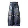 Jeans divertidos com estampa de patches e barra curva para homens, estilo de rua retrô americano, calça larga da moda com corte solto