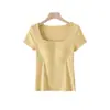 Nova Blusa Feminina de Verão com Gola Quadrada e Bojo Embutido, Top Base de Manga Curta Integrado com Bojo Integrado e Meias Mangas