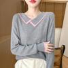 Suéter de Punto de Imitación Lana Fina con Cuello Peter Pan de Contraste de Color Francés para Mujer Otoño Irregular Solapa Occidental Suéter Delgado para Mujer