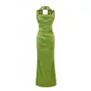 Vestido de Satén Estilo Francés, Cuello Halter, Cuello Cuadrado, Cintura Fruncida, Adelgazante, Bodycon, Vestido Sirena, Disponible en Múltiples Colores, Mayoreo
