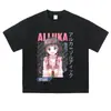 Camiseta de talla grande, corte holgado, hombros caídos, cuello redondo, manga corta, camiseta de manga larga negra con lavado desgastado y estampado de anime japonés, en stock