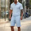 Novo Conjunto Casual Masculino de Outono da Amazon, Cor Sólida, Gola Polo com Botões, Jacquard, Manga Curta e Calça