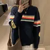 Suéter listrado colorido estilo coreano com rosto sorridente para mulheres, nova coleção outono e inverno, blusa de tricô casual solta com gola redonda