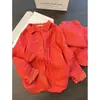 Pijama de Gaze de Algodão Xadrez Vermelho para Mulheres, Novo Estilo Primavera e Outono, com Gola Reversível, Mangas Longas e Calça Longa, Adequado para Usar em Casa e Pode Ser Usado Fora