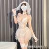Lencería Erótica Tallas Grandes Encaje Blanco Malla Transparente Nupcial Sexy Escote en V Profundo Body Conjunto de Vestido de Boda