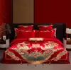 Juego de Cuatro Piezas de Boda de Lujo Estilo Chino Dragón y Fénix, Ropa de Cama Bordada de Algodón Puro para Boda, Colcha Roja de Dote, Ropa de Cama para Habitación de Boda