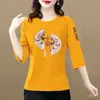 E-commerce transfronteiriço camiseta de manga três quartos para meia-idade e idosos solta plus size para meninas gordas cobrir barriga top esconder carne mostrar magro camiseta