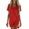 2026 Nuevo Estilo Transfronterizo Europeo y Americano para Mujer Vestido Casual Cómodo de Algodón y Lino de Color Sólido con Mangas Cortas y Cuello en V con Bolsillo