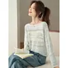 Camiseta de Manga Longa Off-The-Shoulder para Primavera 2026 Nova Elegante Malha Crochê Vazada para Camada Superior Linda