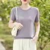 Nova camiseta de verão estilo Lyocell, gola redonda, soltinha, cor sólida, manga curta, versátil, versão coreana, camiseta básica lisa simples para mulheres