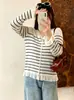 Cardigã de tricô listrado com babados para mulheres plus size 2026 outono versátil top slim fit para mulheres plus size