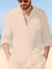 Nova Camisa de Linho Masculina de Manga Longa, Camisa Casual de Praia com Caimento Solto e Colarinho, Camisa Lisa de Manga Longa