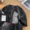 Camiseta Casual de Manga Corta para Hombre, Nuevo Estilo Verano 2026, Estilo Urbano Americano, Marca de Tendencia de Alta Calidad, Top de Algodón Holgado con Estampado de Gato